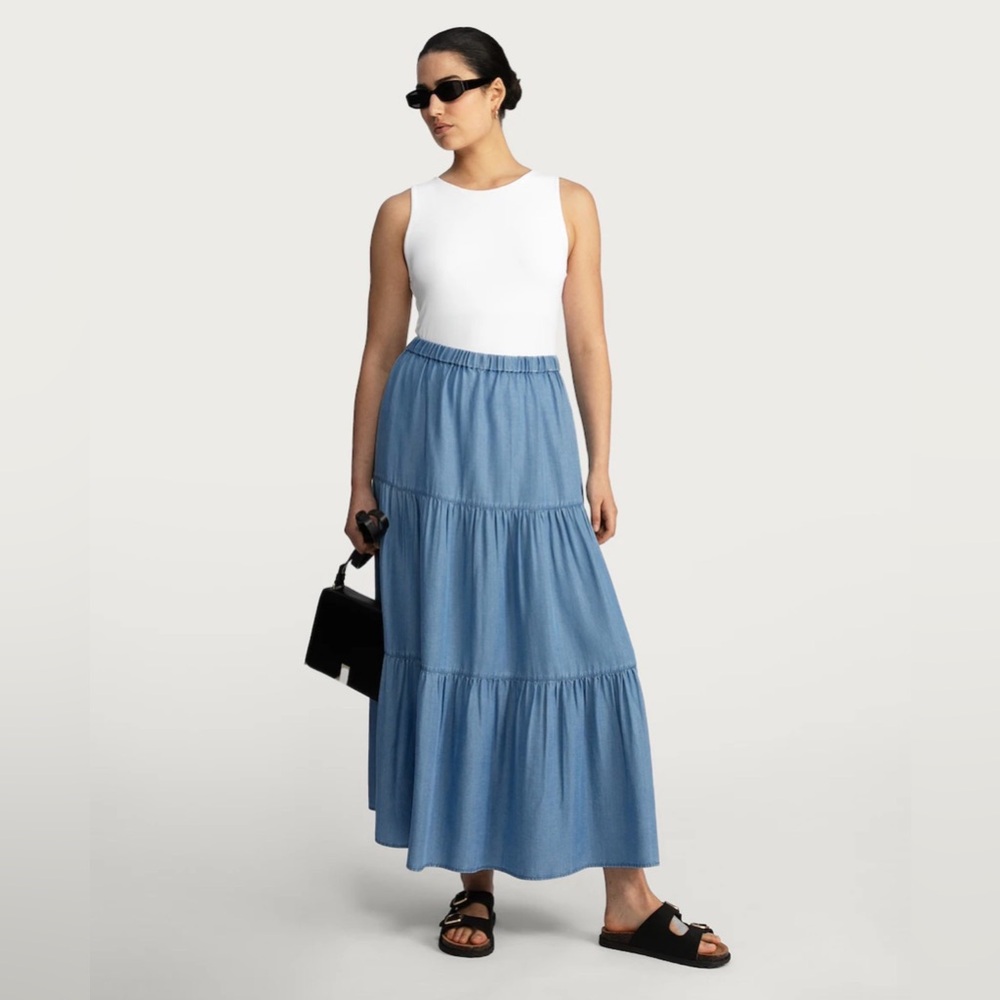 Tiered Chambray Medium Blue Midi Skirt - Picture 14 of 16